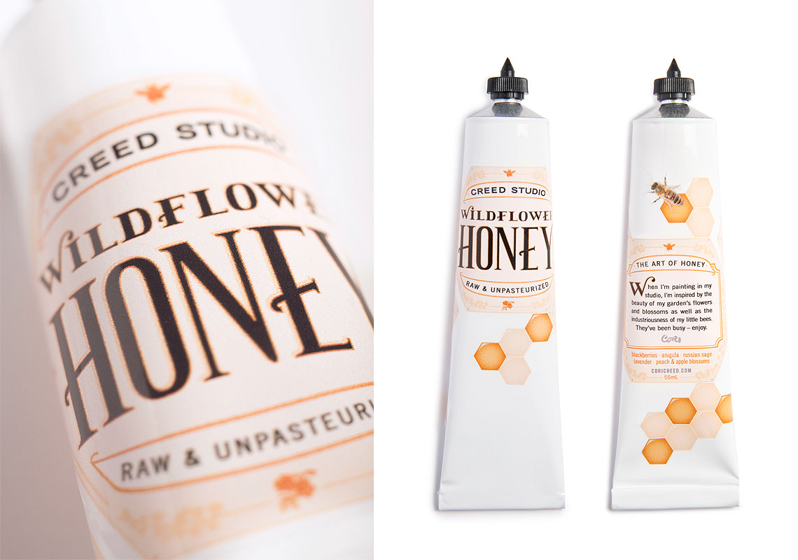 A Close Up and a Full Package Shot for Unpasteurized Wildflower Honey Using Inspired by Paint Tubes