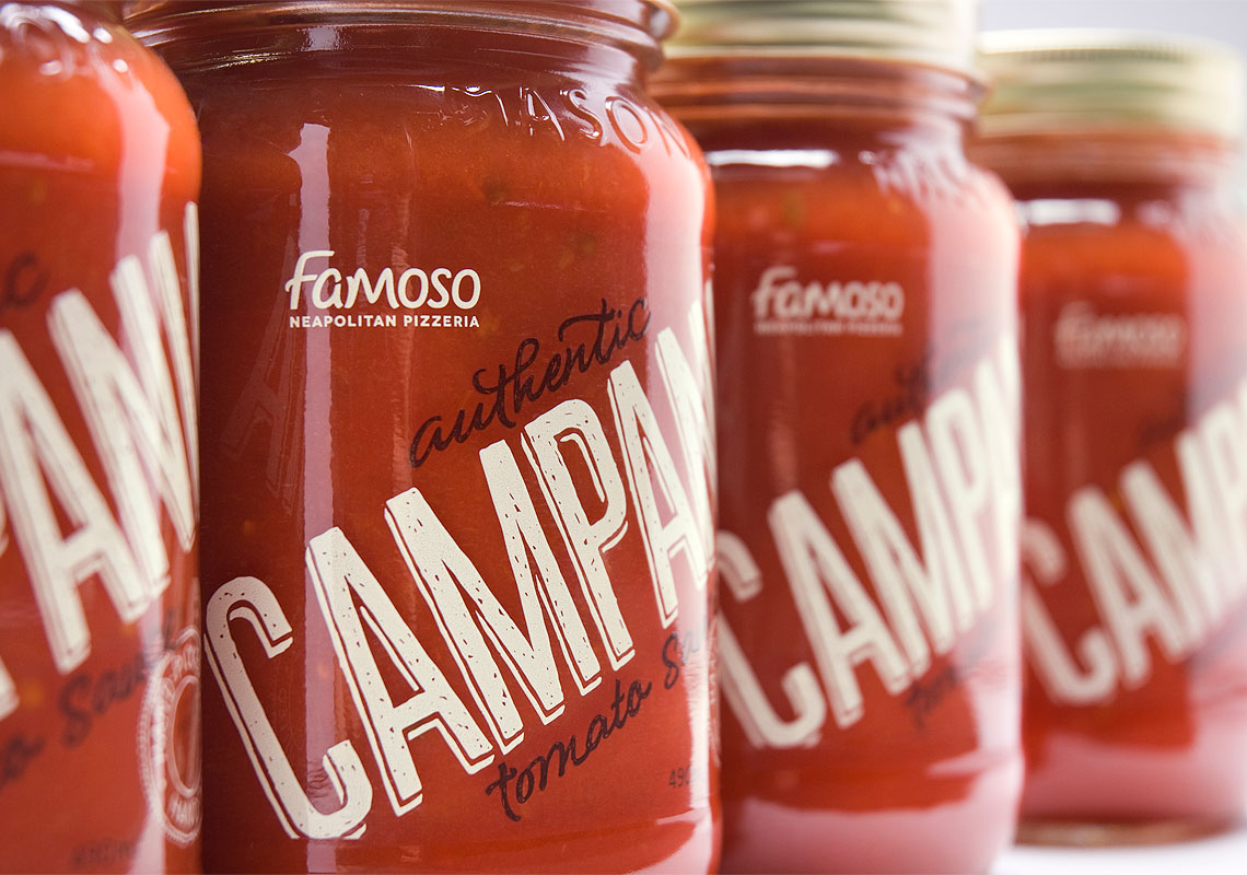 The Back View of the Famoso Pizzeria Take Home Pizza Sauce Packaging