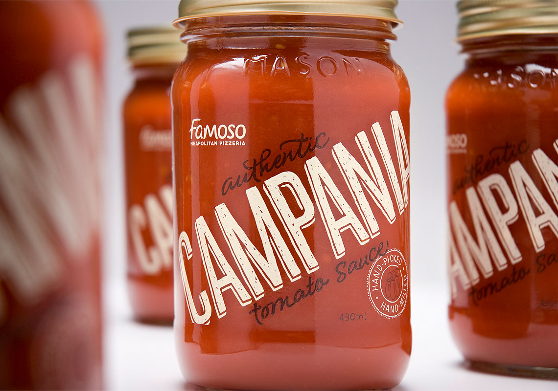 The Front View of Famoso Pizzeria's Take Home Pizza Sauce Packaging