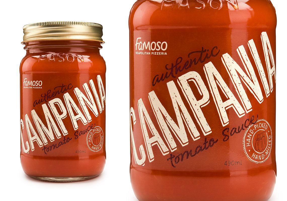 Packaging Created for Famoso Pizzeria's Line of Take Home Pizza Sauces, Including Custom Type and Illustrations