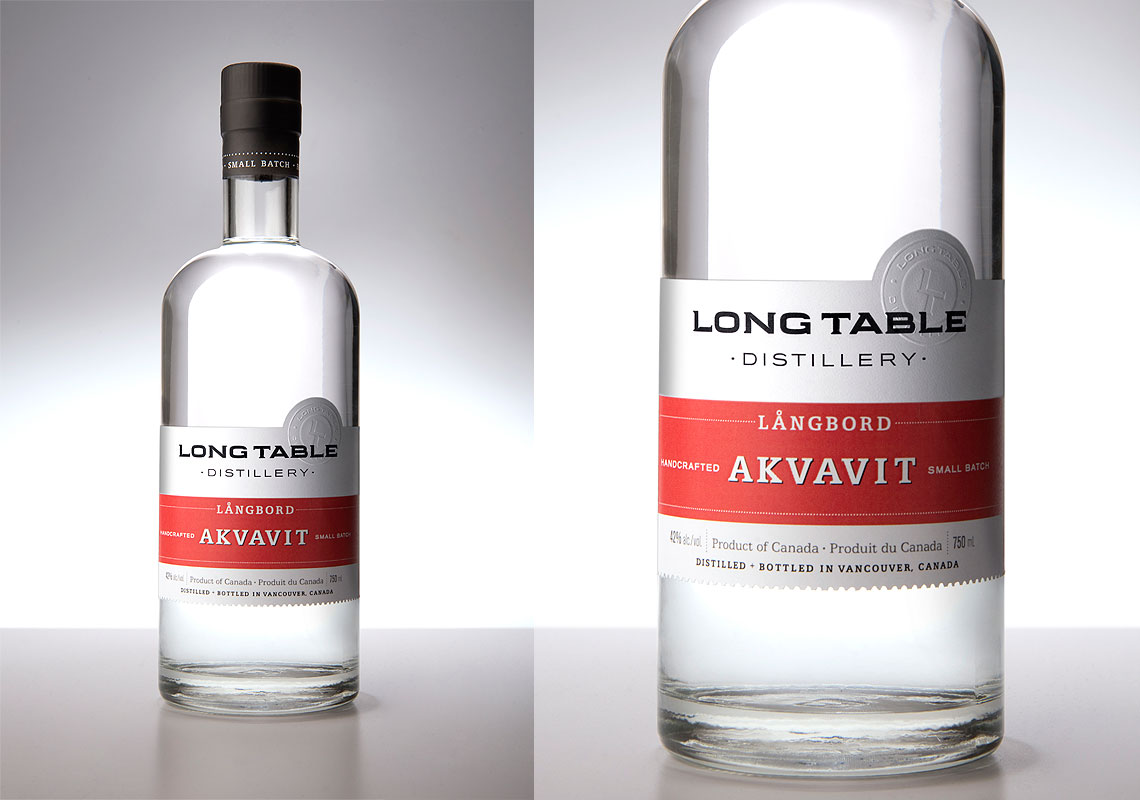 A Close Up and Full Product Shot of the Long Table Distillery Small Batch Akvavit Packaging Design