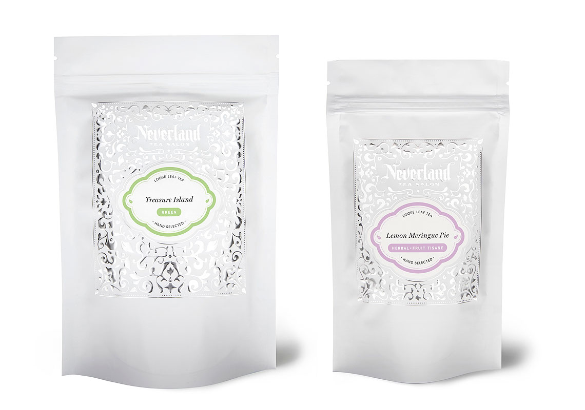 A Large and Small Version of the Neverland Tea Salon Tea Pouch Packaging