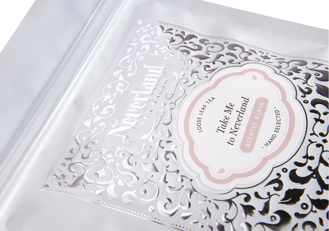 A Close Up View of the Tea Pouch Created for Neverland Tea Salon, Focusing on the Silver Foil