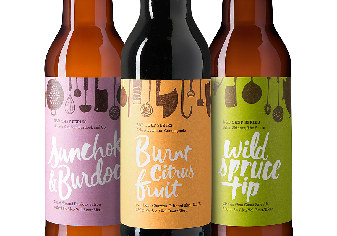 A Close Up Shot of Three Label Designs for the R&B Brewing Chef Series, Including the Sunchoke and Burdock, the Burnt Citrus Fruit and the Wild Spruce Tip