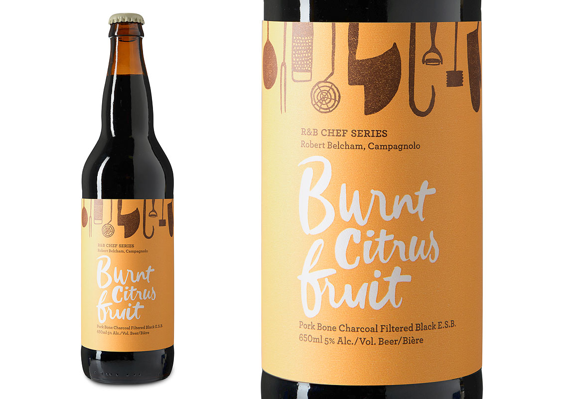 A Full Product Shot and a Close Up of the R&B Brewing Chef Series Burnt Citrus Fruit Pork Bone Charcoal Filtered Black ESB Packaging Design