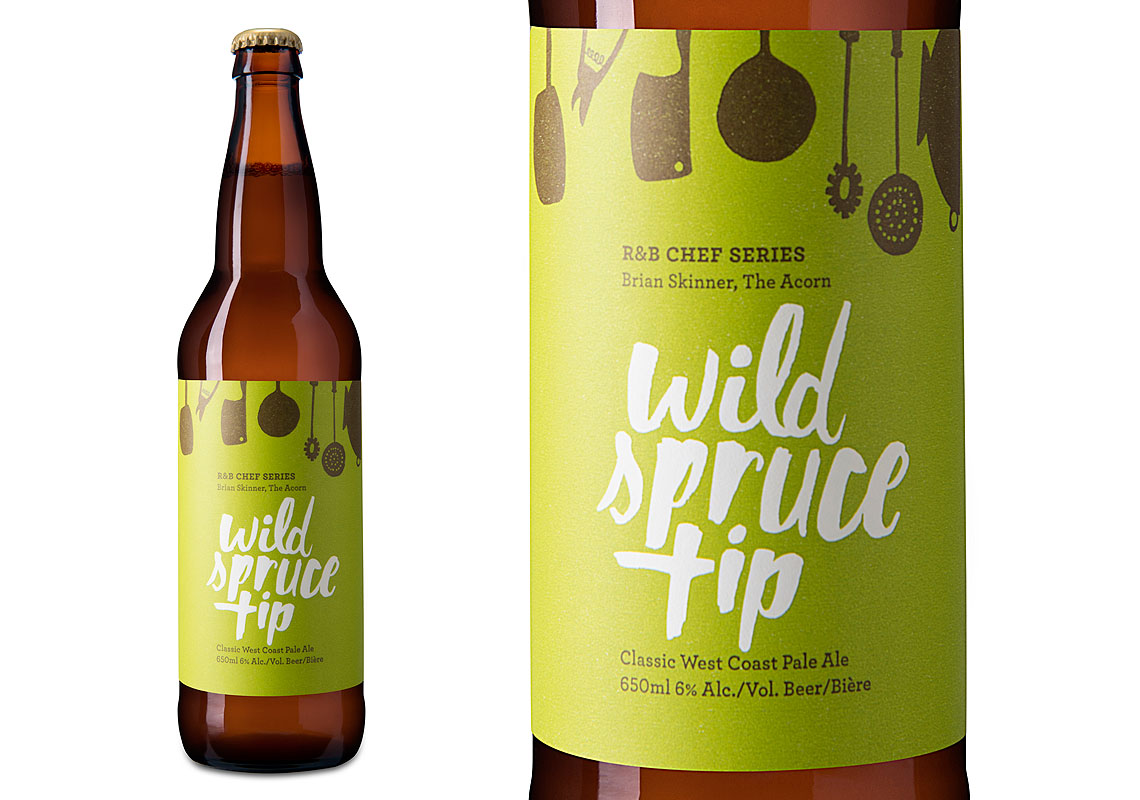 A Full Product Shot and a Close Up of the R&B Brewing Chef Series Wild Spruce Tip West Coast Pale Ale Packaging Design