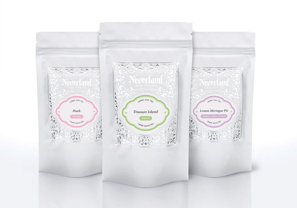 Full Packaging for Neverland Tea Salon Tea Pouches Using Silver Foil