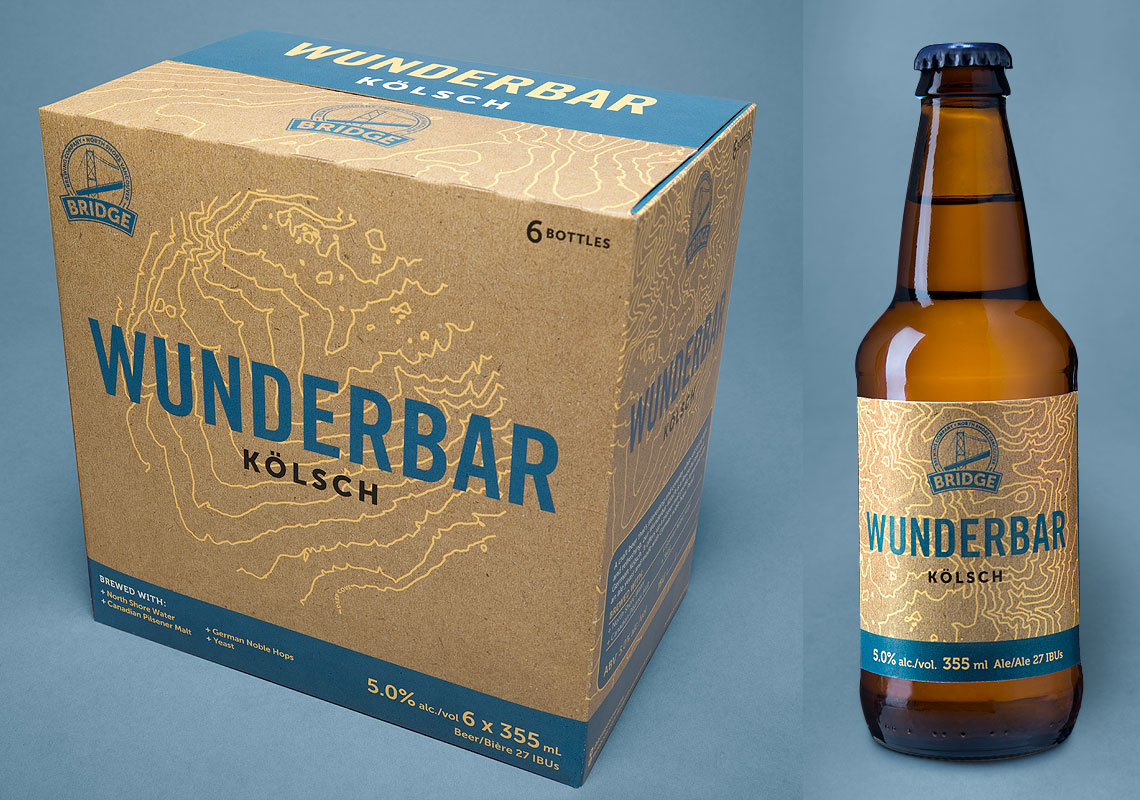 Exterior Shot of the Packaging Design for the Bride Brewing Wunderbar Kolsch 6-Pack as Well as a Full View of the Packaging Design for the Wunderbar Kolsch Bottle