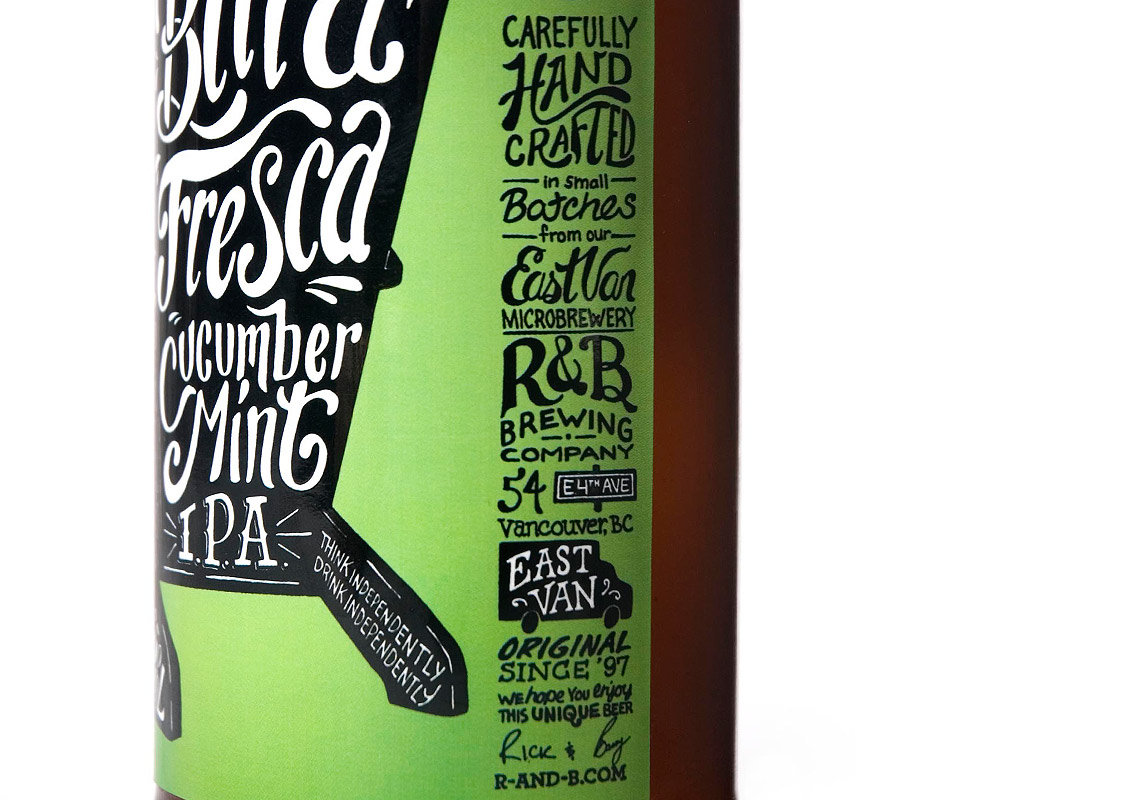 A Side View of the Label for R&B Brewing's Birra Fresca Cucumber Mint IPA Showcasing the Hand Drawn Type