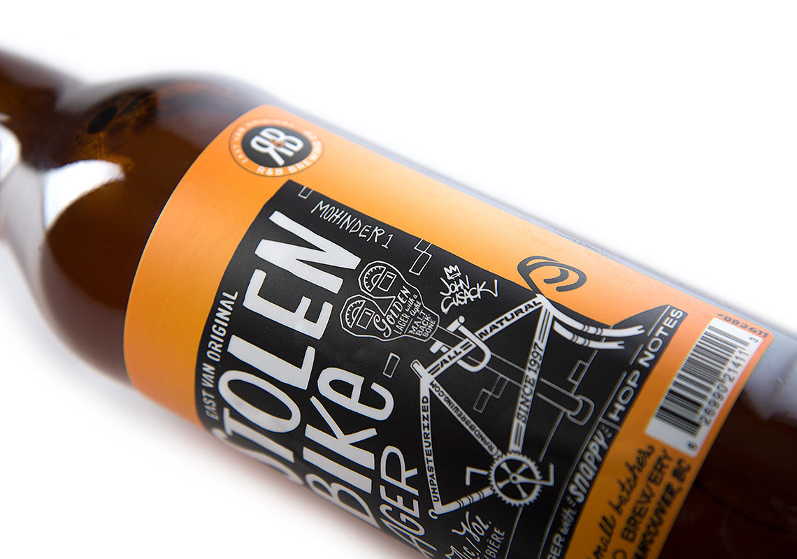 A Side Shot Close Up of the Label for the R&B Brewing Stolen Bike Lager Packaging Design