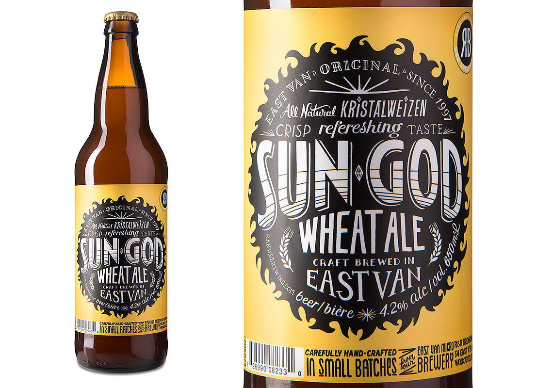 A Full Product Shot and a Close Up of the R&B Brewing Sun God Wheat Ale Packaging Design, Including Hand Drawn Illustrations
