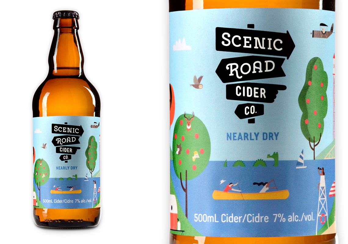 A Close Up and Full Product Shot of the Scenic Road Cider Co. Nearly Dry Cider Packaging Design