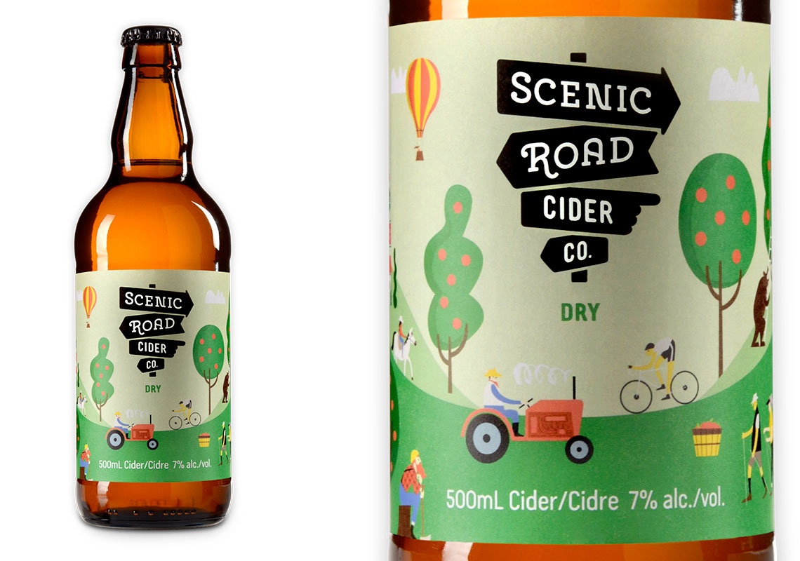 A Close Up and Full Product Shot of the Scenic Road Cider Co. Dry Cider Packaging Design