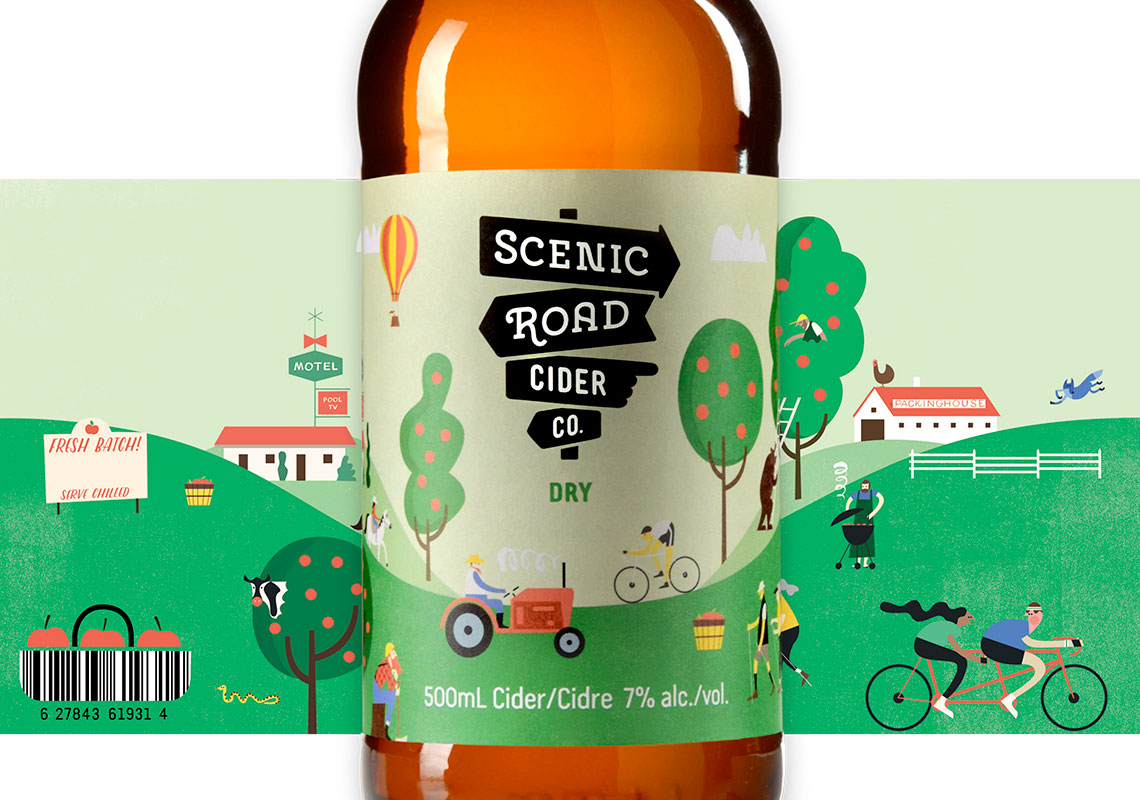 A Full Label View of the Scenic Road Cider Co. Dry Cider Illustrations