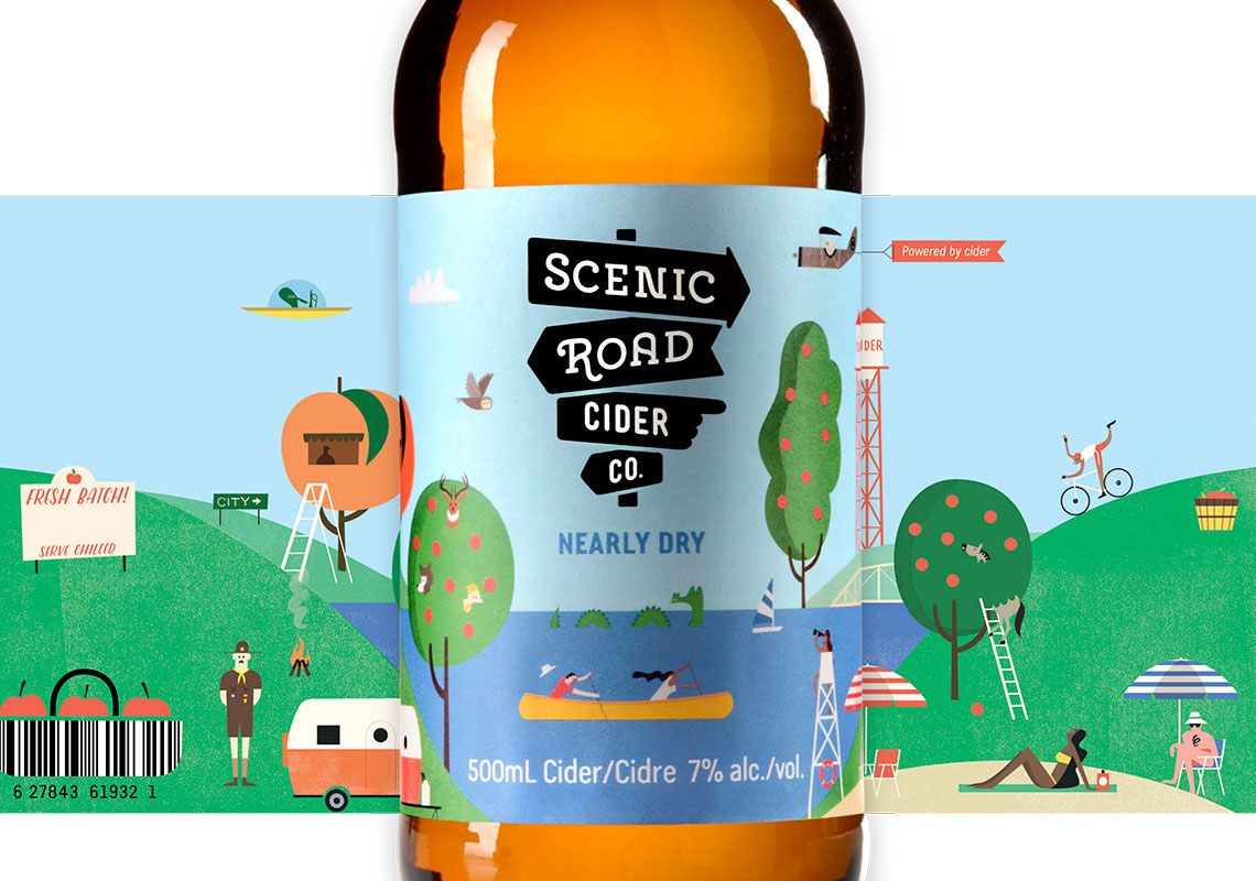 A Full Label View of the Scenic Road Cider Co. Nearly Dry Cider Illustrations