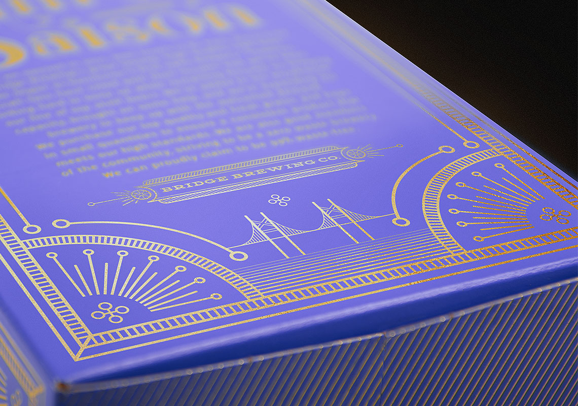 A Close Up of the Side of the Bridge Brewing Gin Saison Packaging, Featuring the Detailed Illustrations