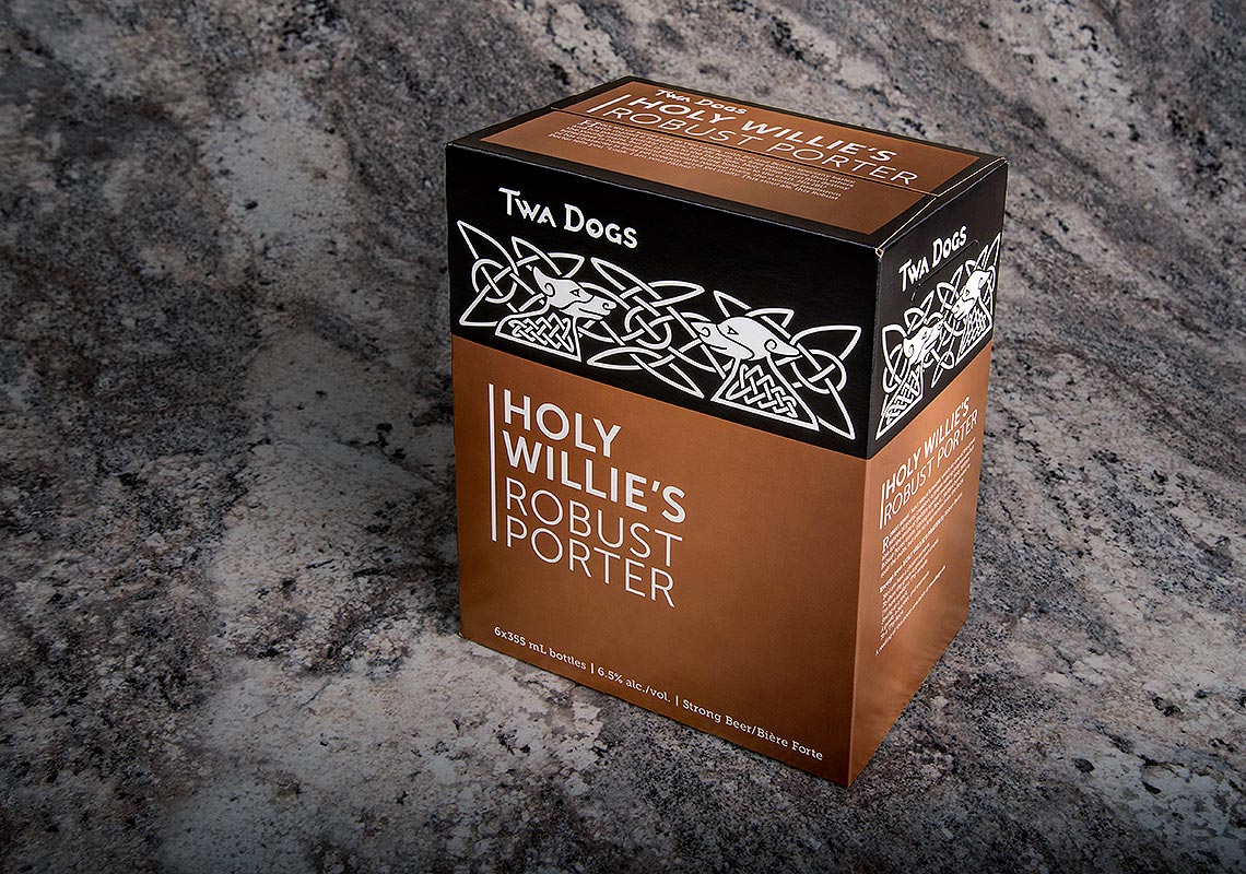 Full Product Shot of the TWA Dogs Holy Willie's Robust Porter Packaging Design