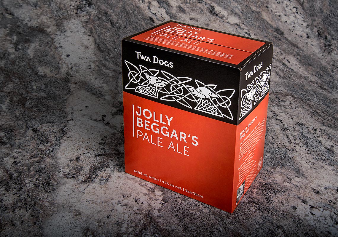 Full Product Shot of the TWA Dogs Jolly Beggar's Pale Ale Packaging Design