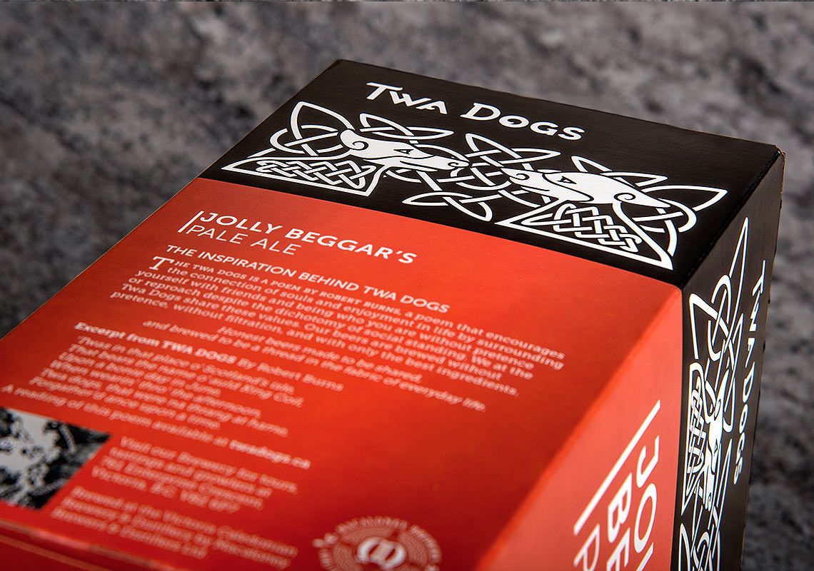 Side shot of the TWA Dogs Jolly Beggar's Pale Ale Packaging
