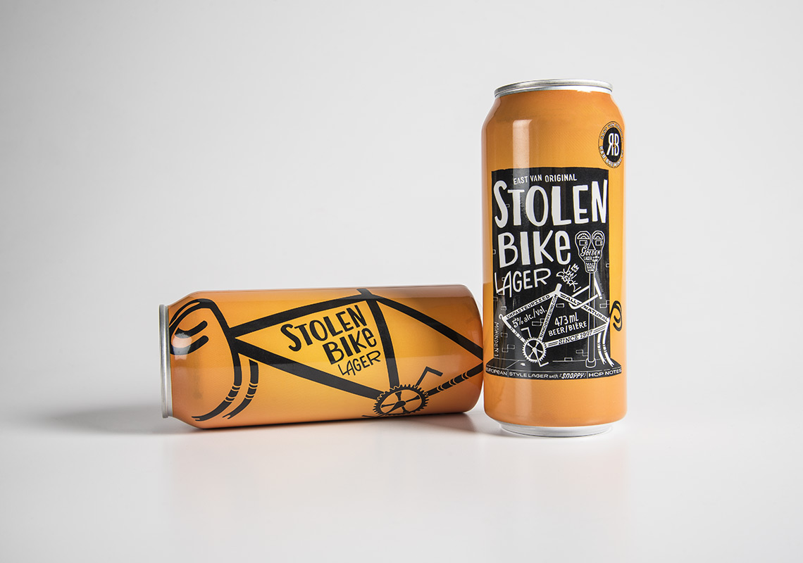 R&B Brewing Stolen Bike Lager Tall Can Standing Up and One on its Side